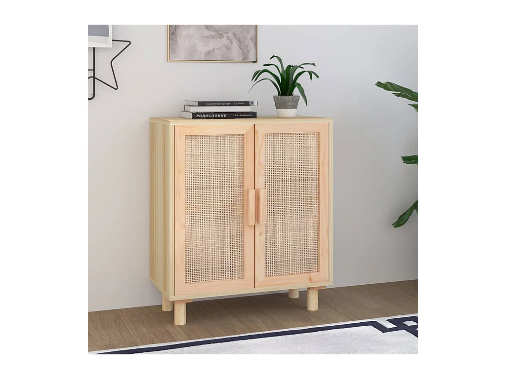 Credenza Marrone 60x30x70cm Legno Massello Pino Rattan Naturale