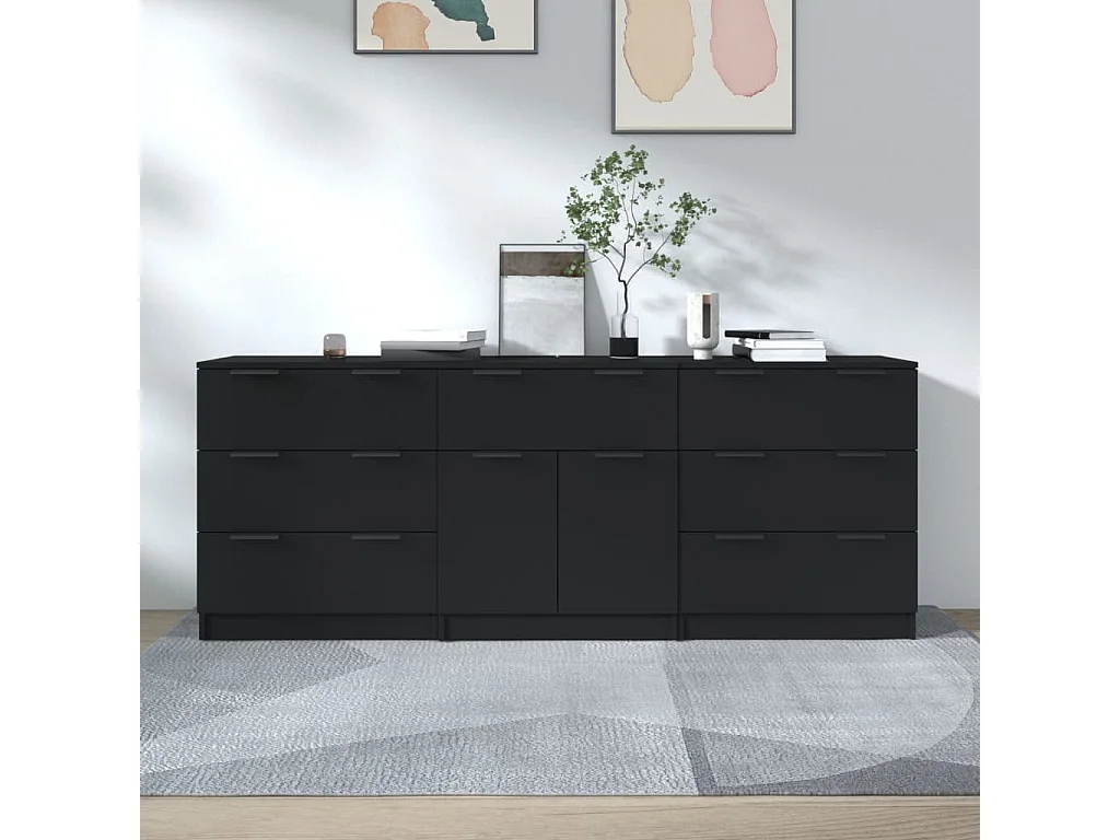Buffets 3 pcs noir bois d'ingénierie