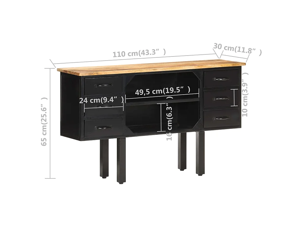 Buffet 110x30x65 cm Bois de manguier massif brut et acier