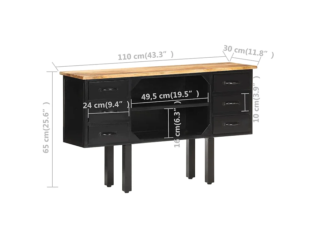 Buffet 110x30x65 cm Bois de manguier massif brut et acier