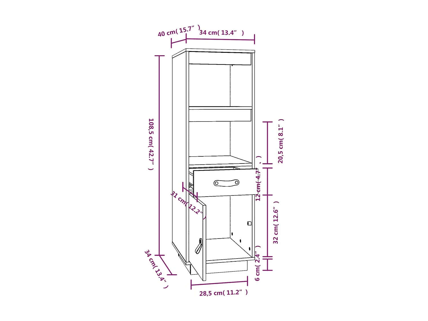 Hoge kast 34x40x108,5 cm massief grenenhout grijs