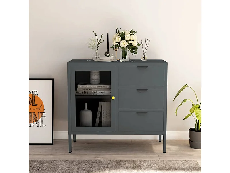 Credenza Antracite 75x35x70 cm in Acciaio e Vetro Temperato