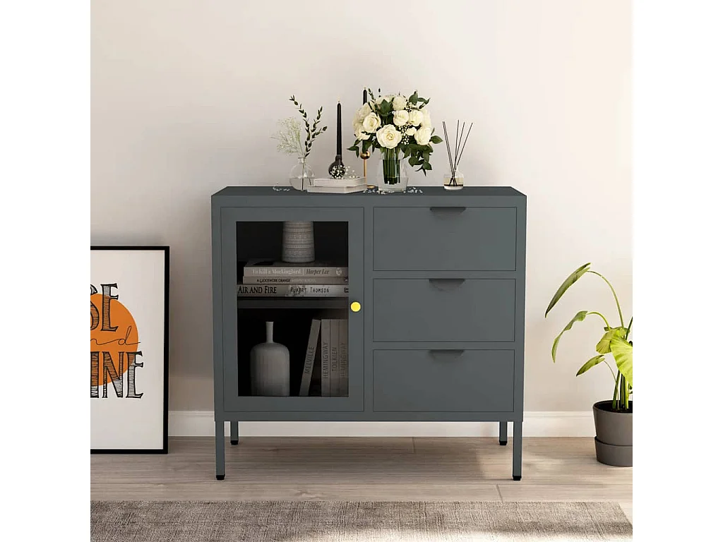 Dressoir 75x35x70 cm staal en gehard glas antracietkleurig