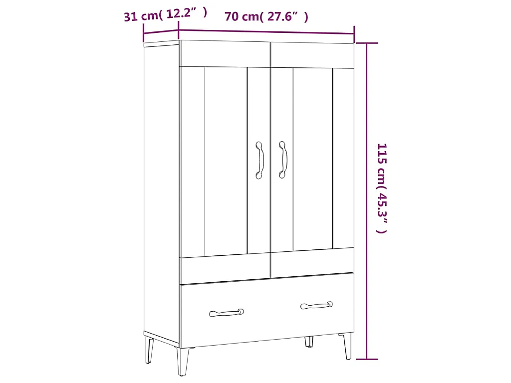 Hoge kast 70x31x115 cm bewerkt hout wit
