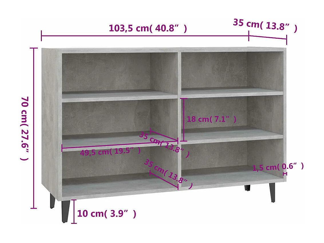 Aparador de madera contrachapada gris hormigón 103,5x35x70 cm