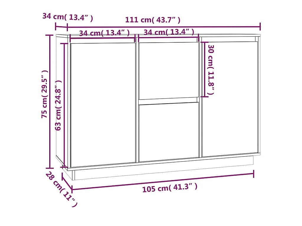 Dressoir 111x34x75 cm massief grenenhout grijs