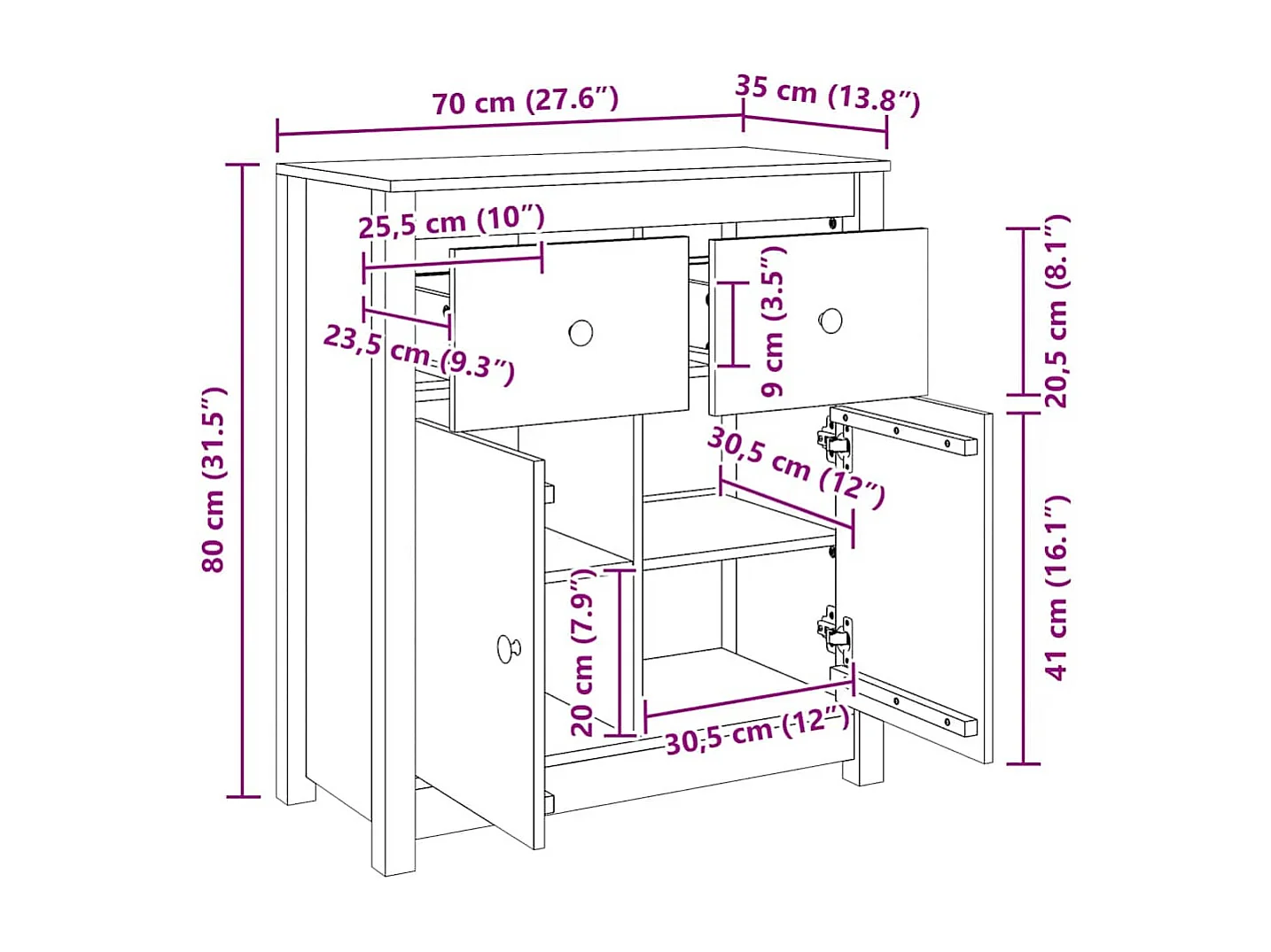 Aparador de madera maciza de pino blanco 70x35x80 cm