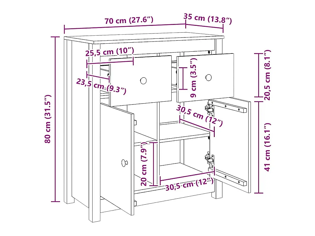 Credenza Bianca 70x35x80 cm in Legno Massello di Pino