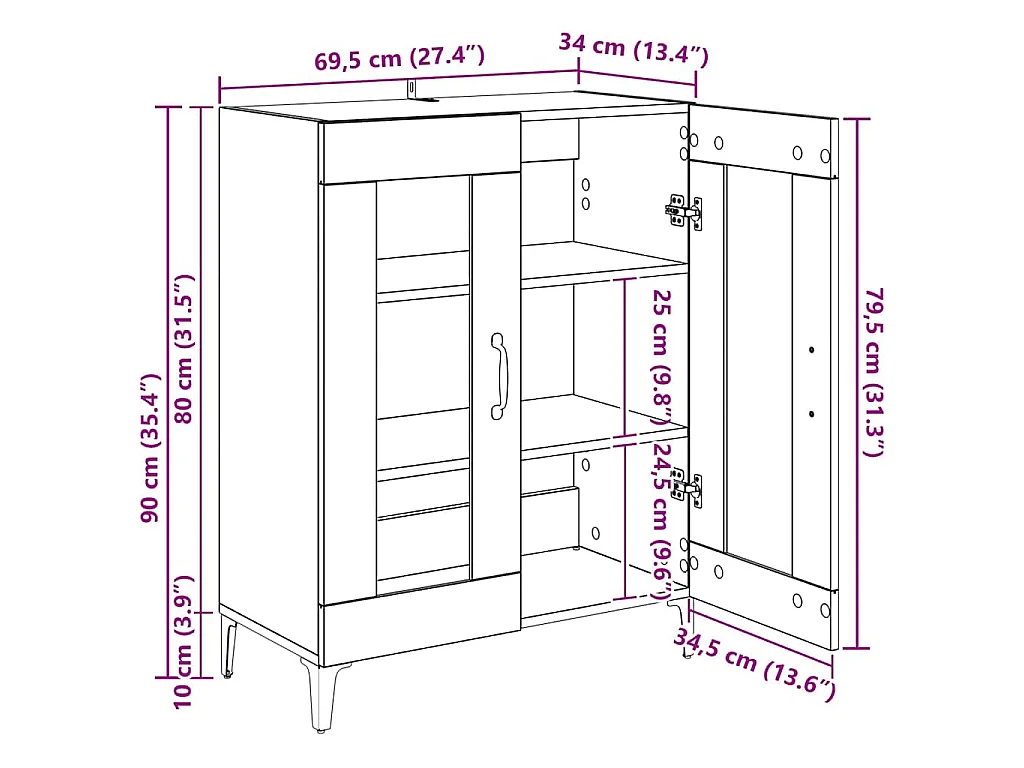 Dressoir 69,5x34x90 cm bewerkt hout sonoma eikenkleurig