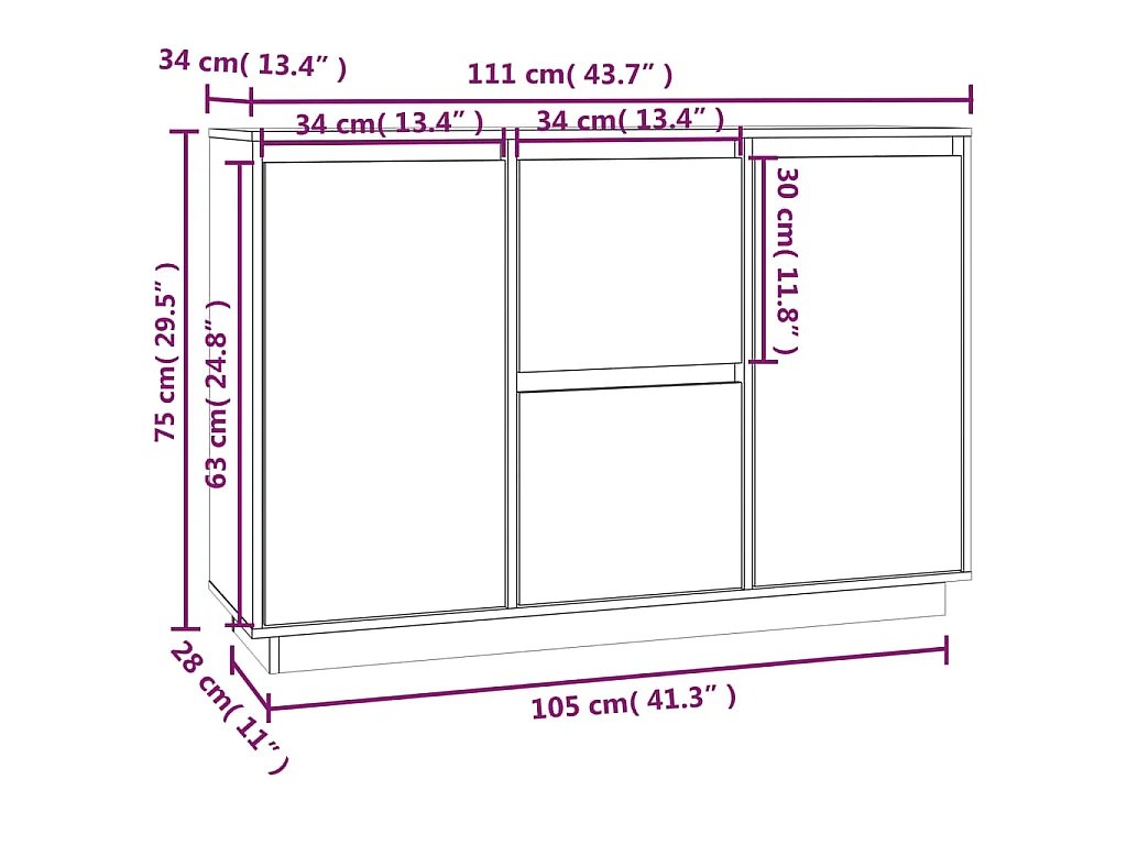 Dressoir 111x34x75 cm massief grenenhout zwart