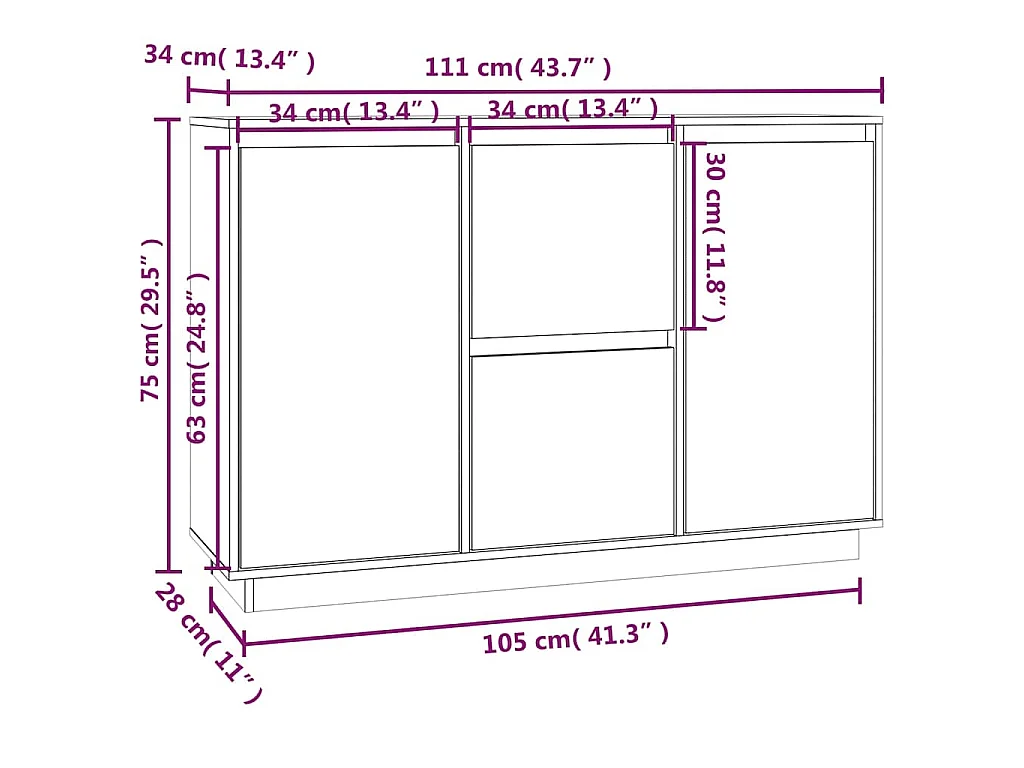 Dressoir 111x34x75 cm massief grenenhout zwart