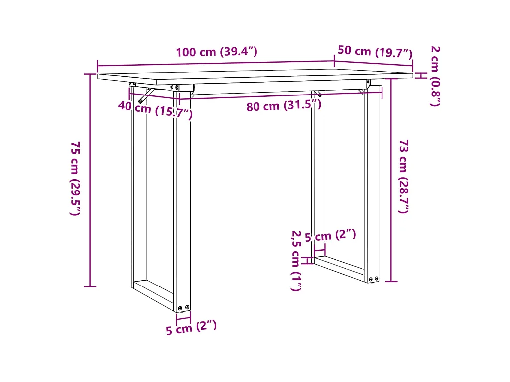 Eettafel O-frame 100x50x75 cm massief grenenhout en staal
