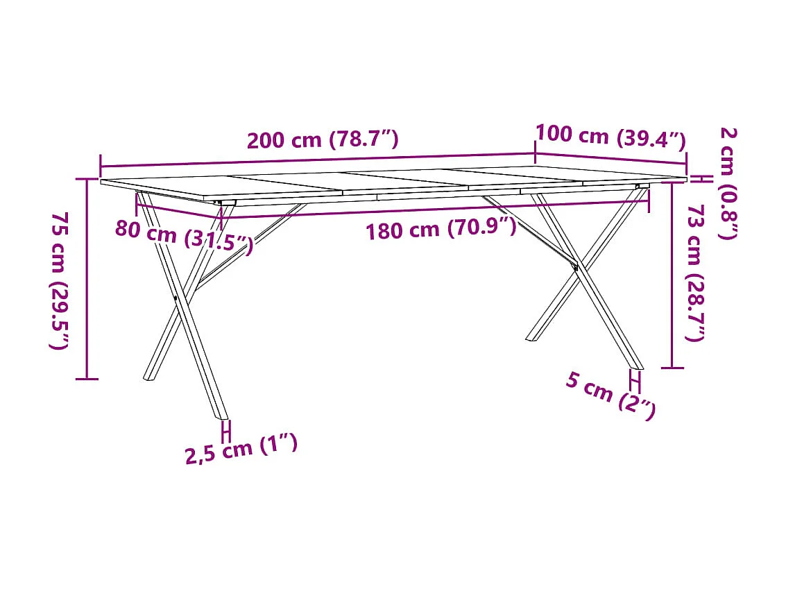 Table à manger cadre en X 200x100x75cm bois de pin massif acier