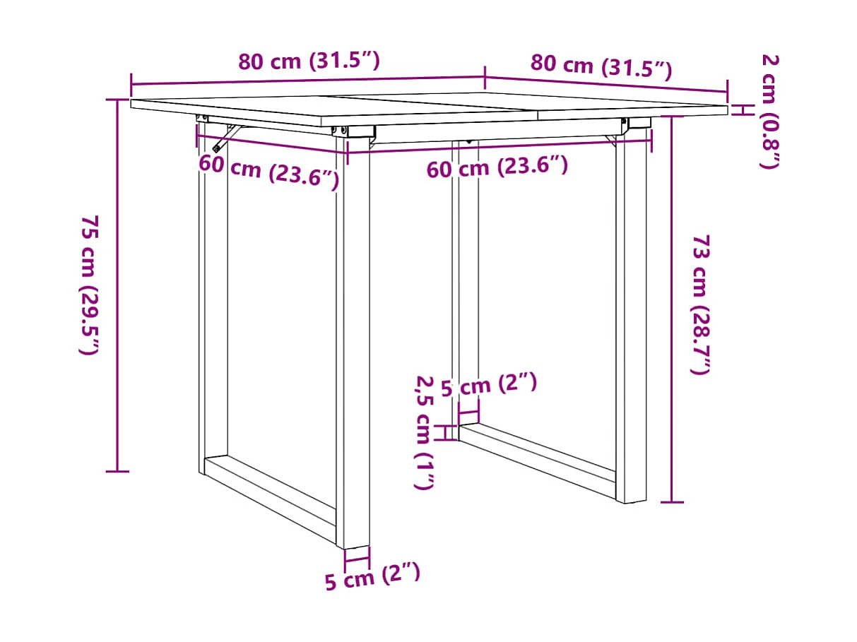 Table à manger cadre en O 80x80x75 cm bois de pin massif acier