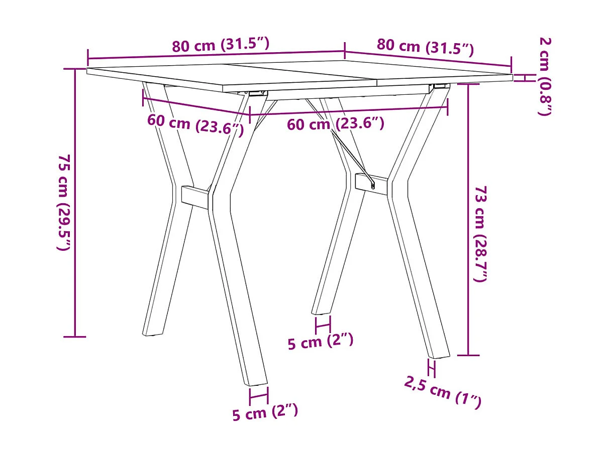 Table à manger cadre en Y 80x80x75 cm bois de pin massif acier