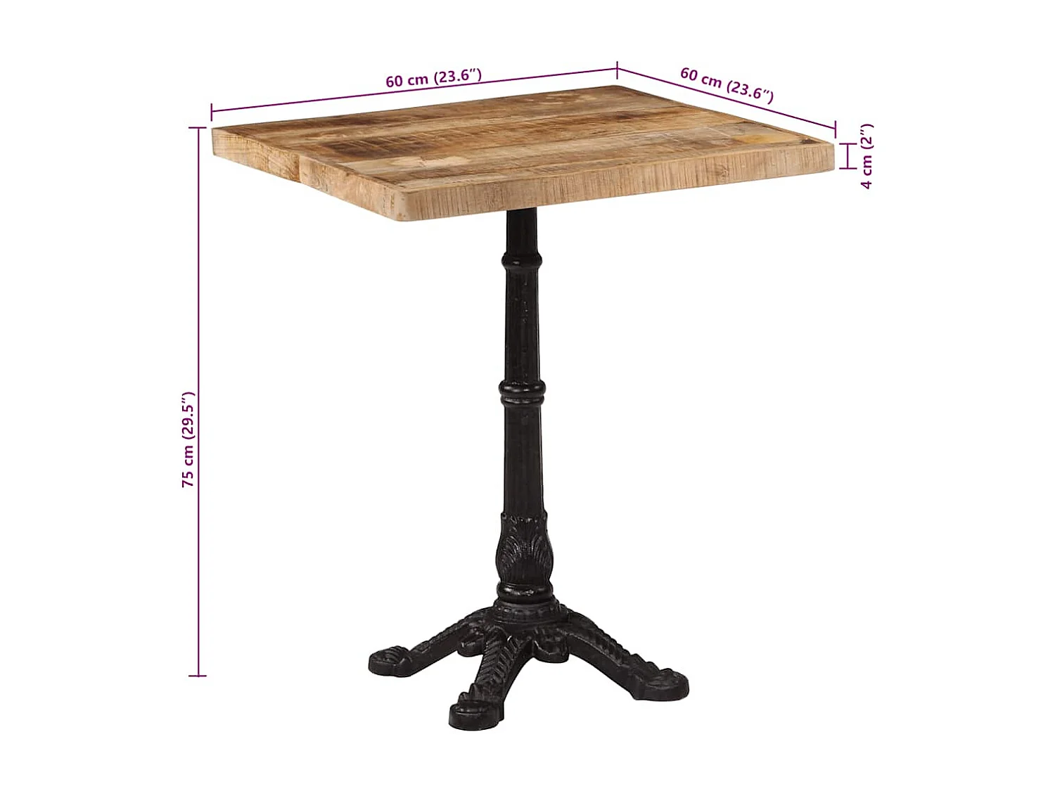 Table de bistro 60x60x77 cm Bois de manguier brut