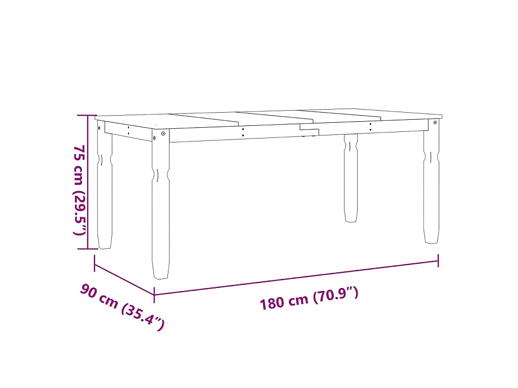 Table à manger Corona 180x90x75 cm bois massif de pin