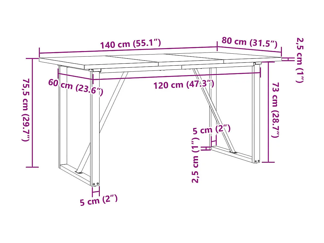 Table à manger cadre en O 140x80x75,5 cm bois pin massif acier