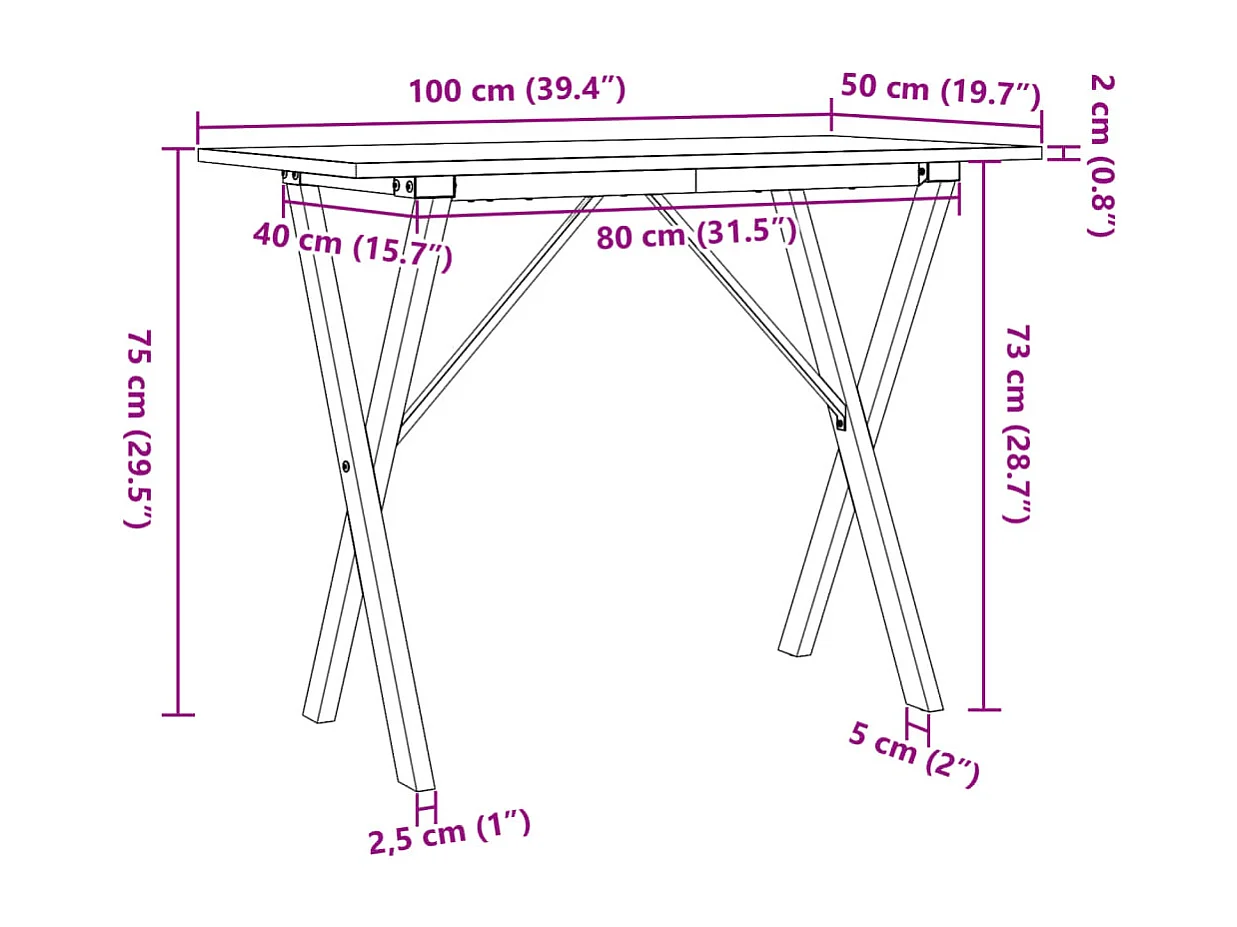 Table à manger cadre en X 100x50x75 cm bois de pin massif acier