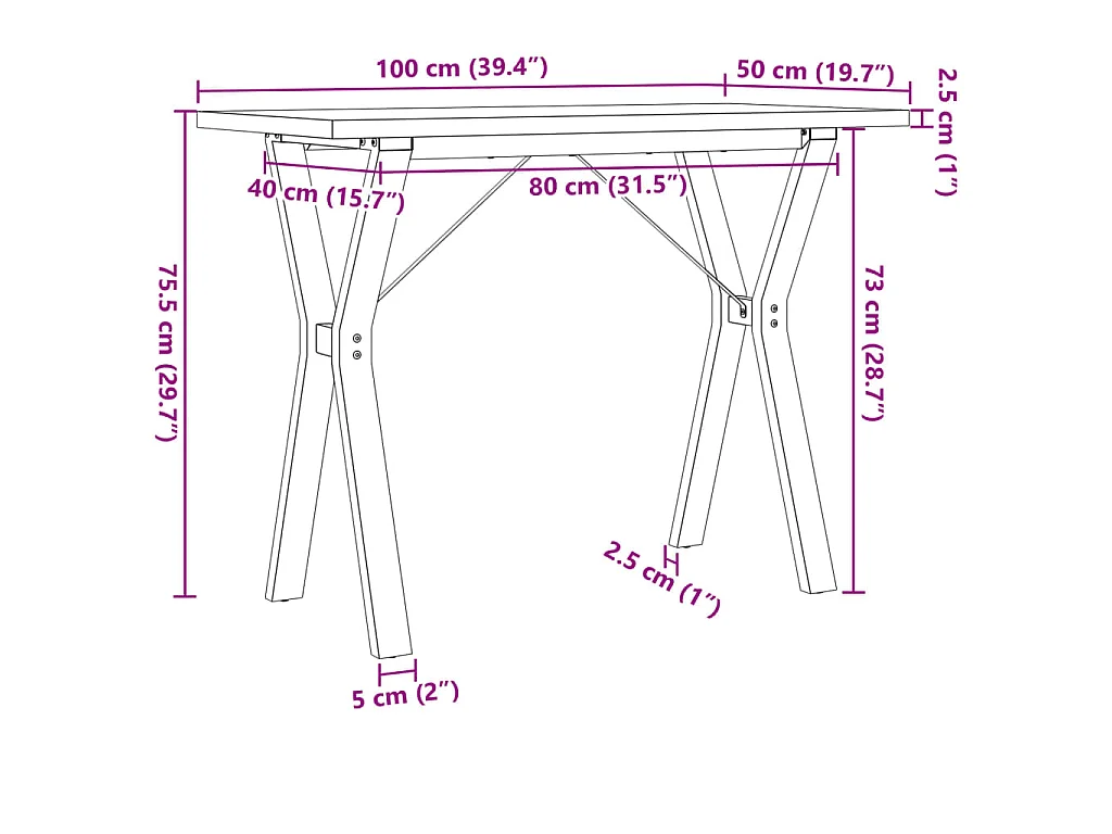 Table à manger cadre en Y 100x50x75,5 cm bois pin massif acier