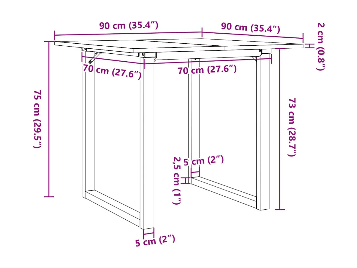 Table à manger cadre en O 90x90x75 cm bois de pin massif acier