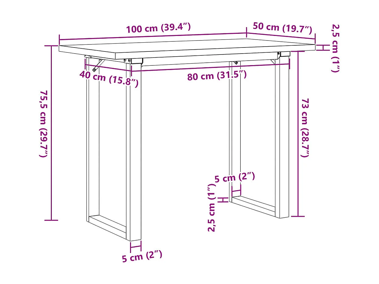 Table à manger cadre en O 100x50x75,5 cm bois pin massif acier