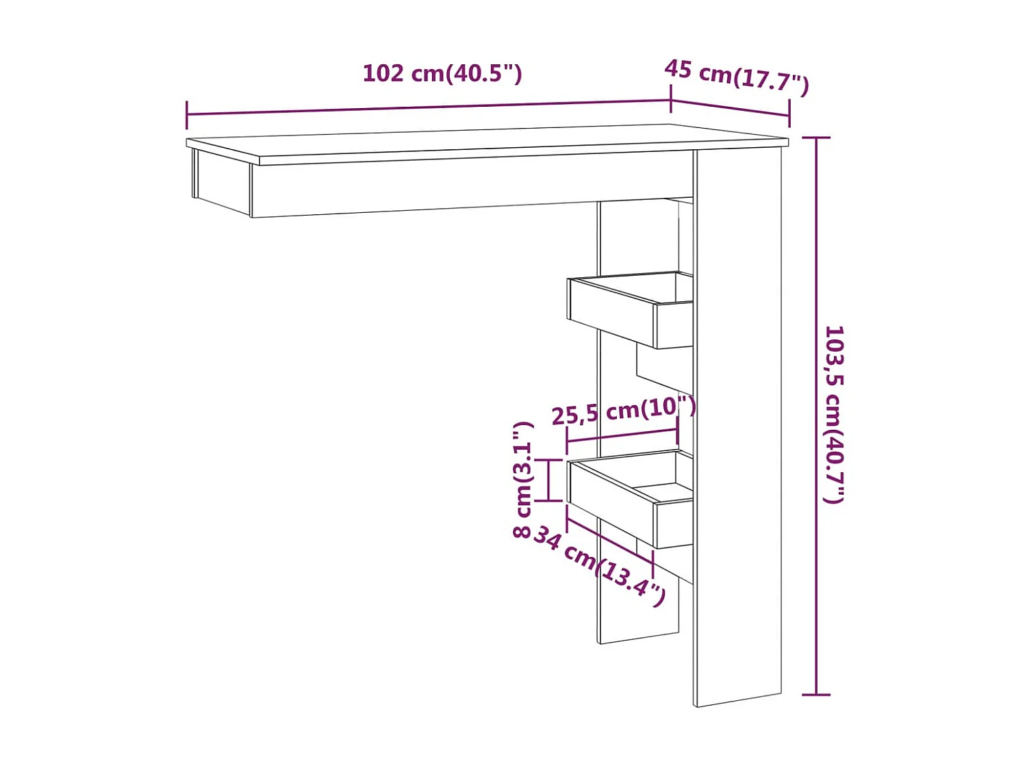 Table bar murale Chêne Sonoma 102x45x103,5 cm Bois d'ingénierie