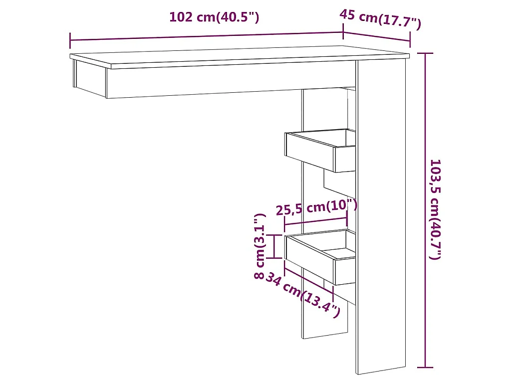 Mesa de bar p/ parede 102x45x103,5cm derivados madeira carvalho