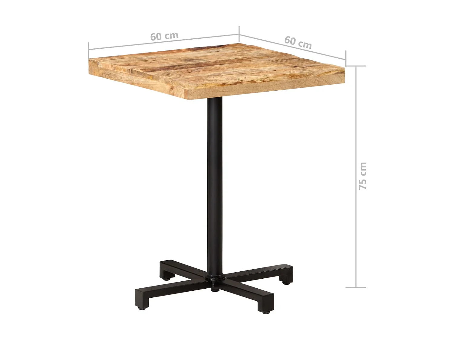 Mesa bistrô quadrada 60x60x75 cm madeira de mangueira áspera