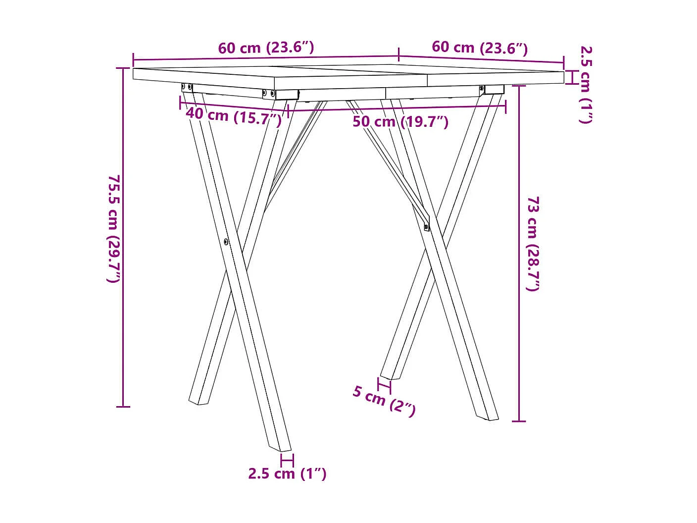 Table à manger cadre en X 60x60x75,5cm bois de pin massif acier