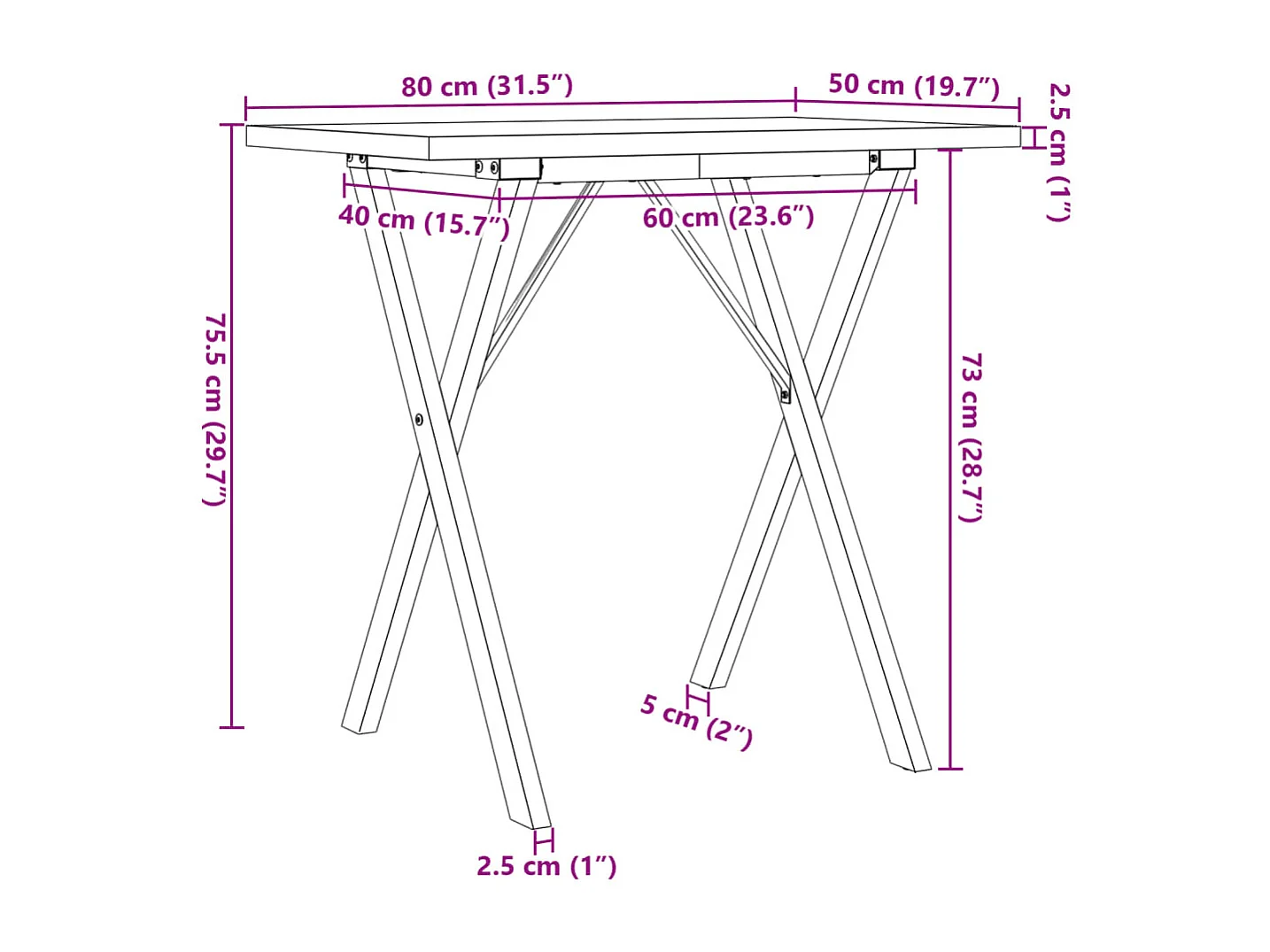 Table à manger cadre en X 80x50x75,5cm bois de pin massif acier