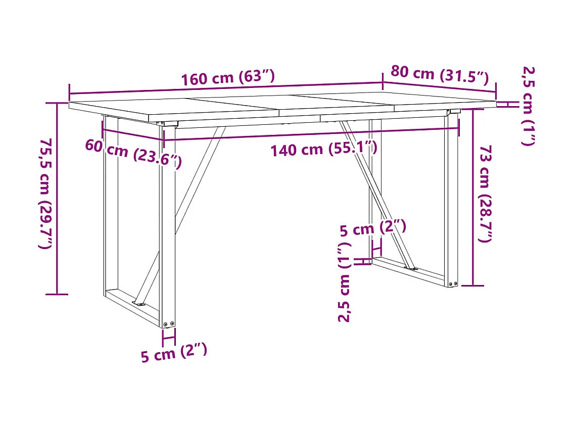 Table à manger cadre en O 160x80x75,5 cm bois pin massif acier