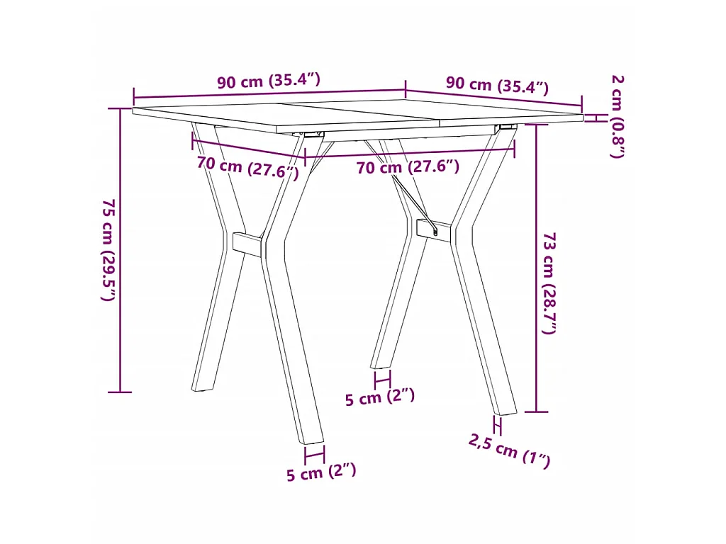 Table à manger cadre en Y 90x90x75 cm bois de pin massif acier
