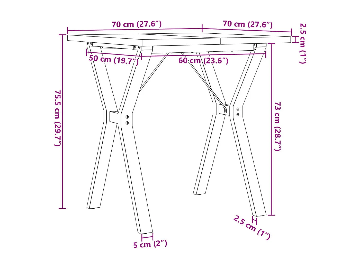 Table à manger cadre en Y 70x70x75,5cm bois de pin massif acier