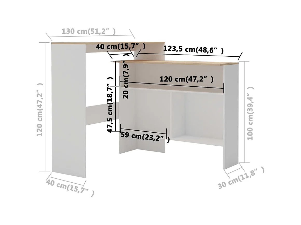 Bartafel met 2 tafelbladen 130x40x120 cm wit en eikenkleurig