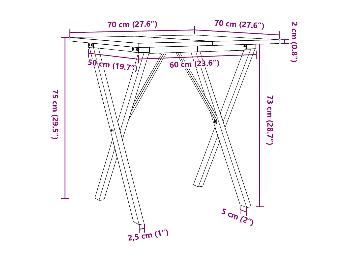 Esstisch X-Gestell 70x70x75 cm Massivholz Kiefer und Stahl