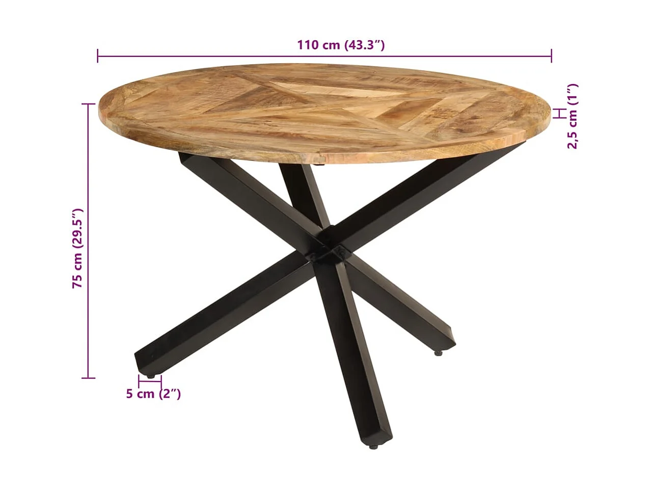 Mesa de jantar Ø110x75 cm madeira de mangueira maciça áspera
