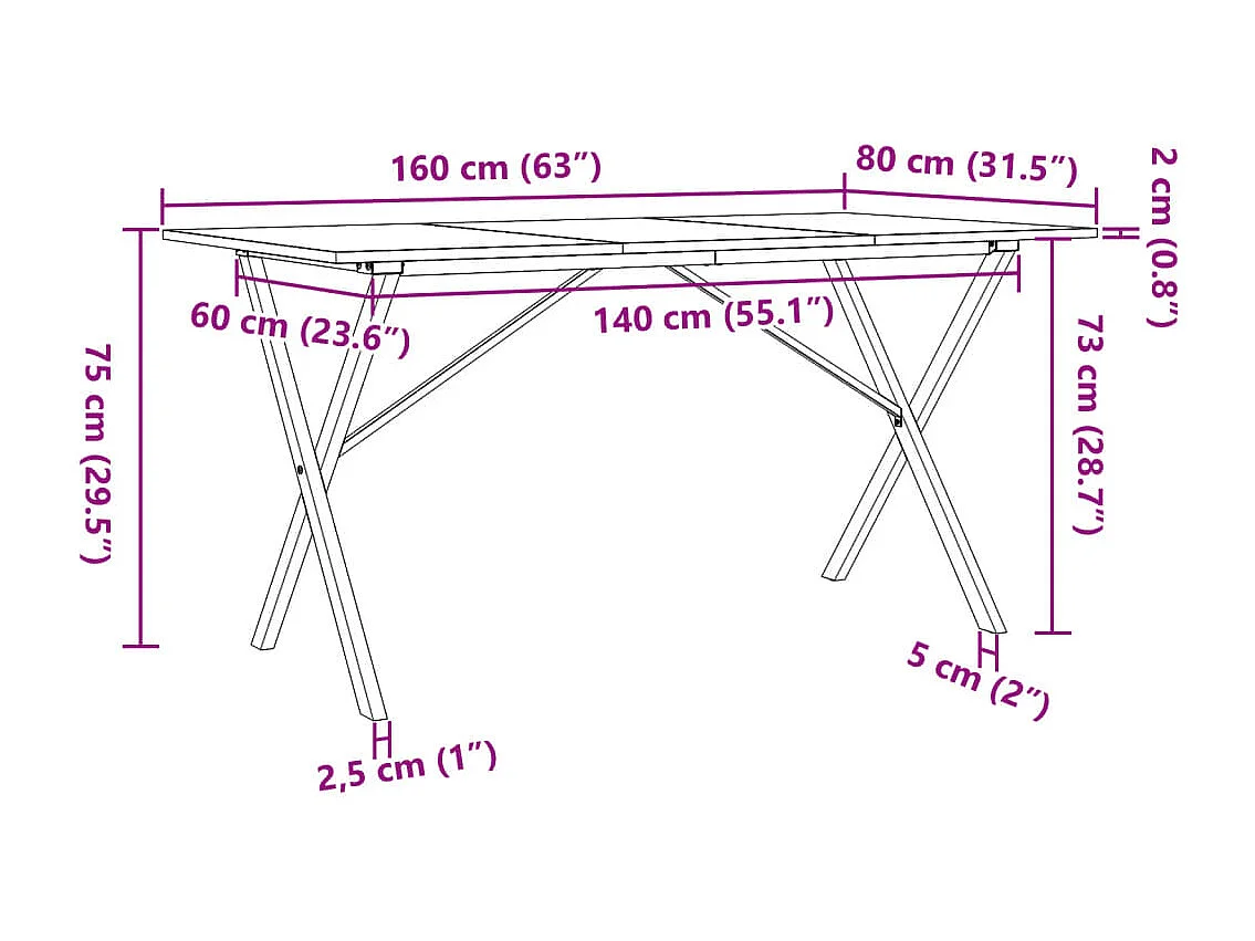 Table à manger cadre en X 160x80x75 cm bois de pin massif acier