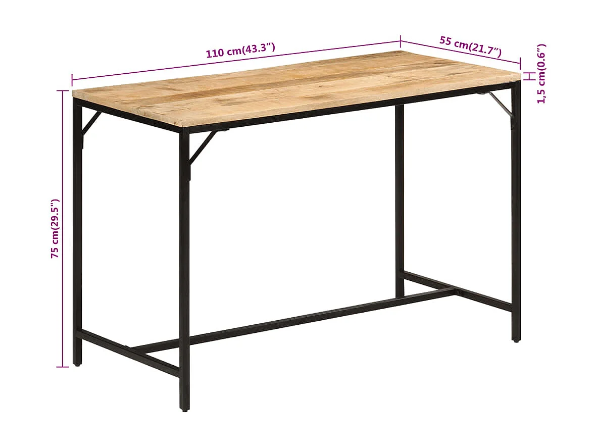 Table à manger 110x55x75 cm bois de manguier massif brut et fer