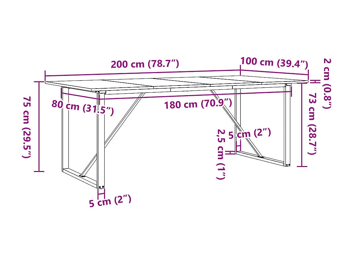 Table à manger cadre en O 200x100x75cm bois de pin massif acier