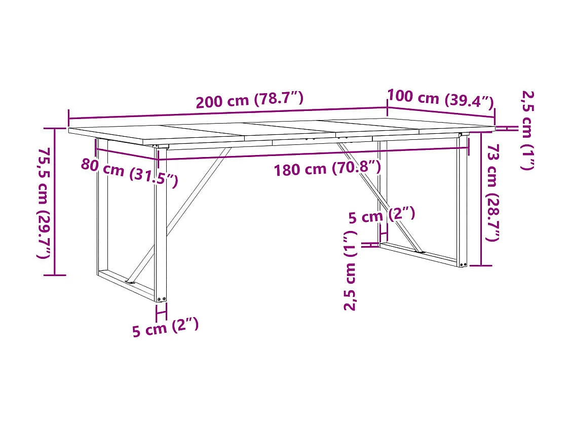 Table à manger cadre en O 200x100x75,5 cm bois pin massif acier