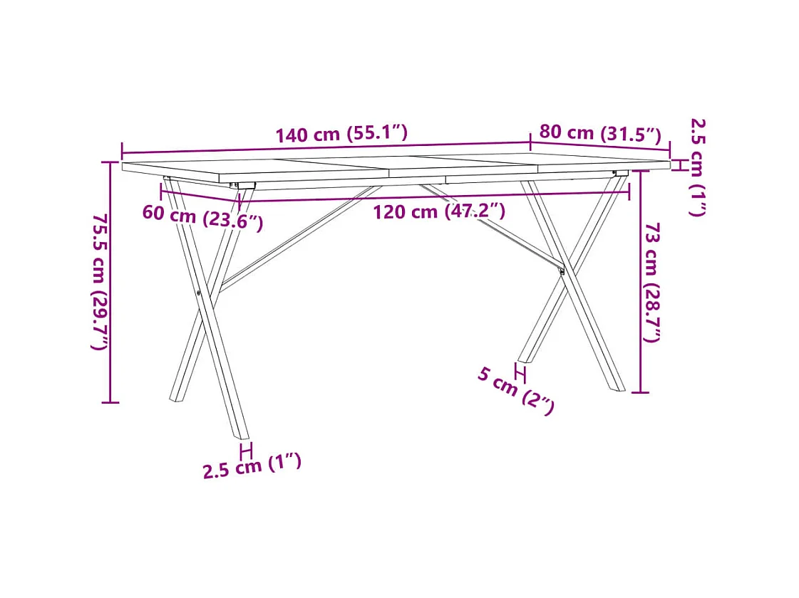 Table à manger cadre en X 140x80x75,5 cm bois pin massif acier