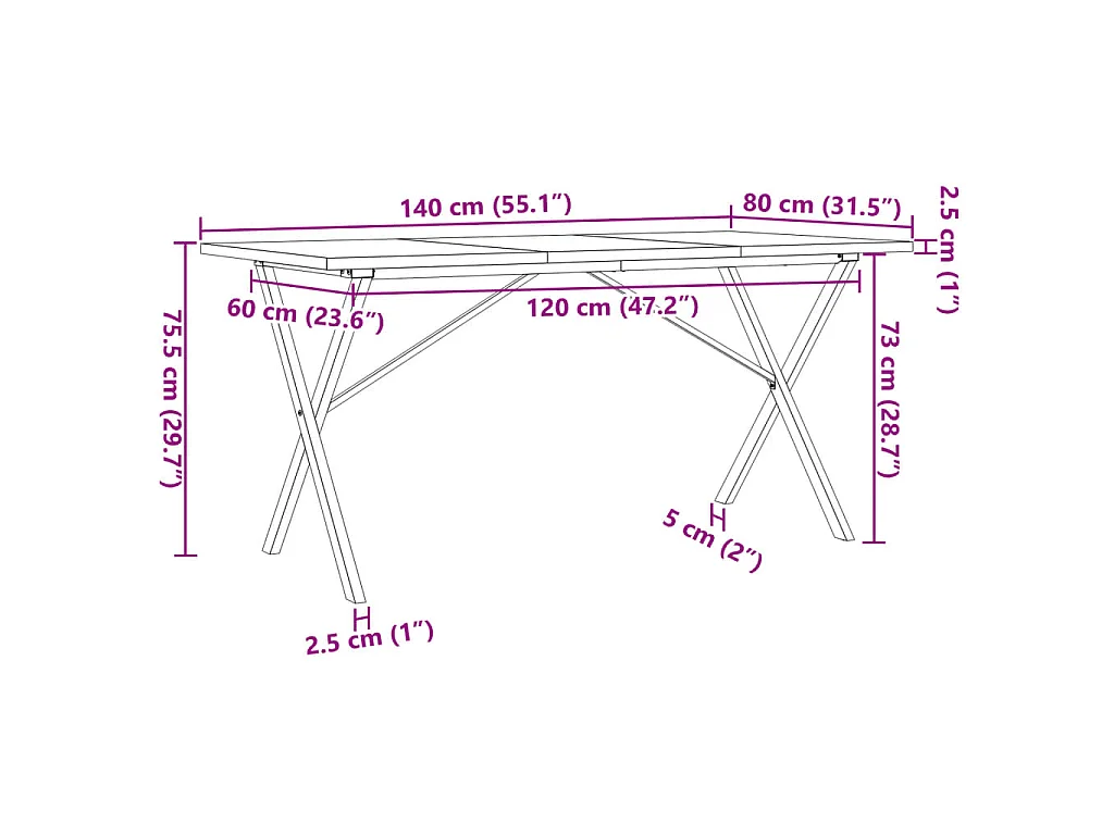 Eettafel X-frame 140x80x75,5 cm massief grenenhout en staal