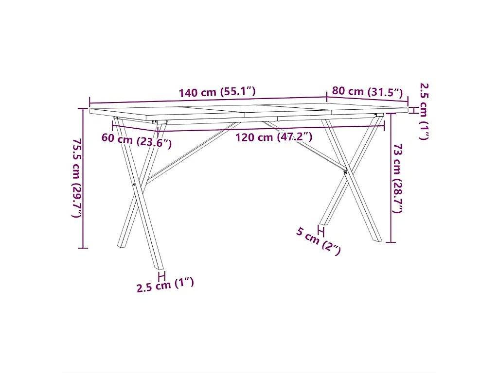 Eettafel X-frame 140x80x75,5 cm massief grenenhout en staal