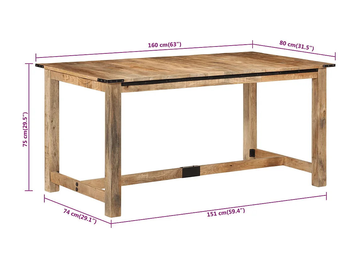 Eettafel 160x80x75 cm massief mangohout