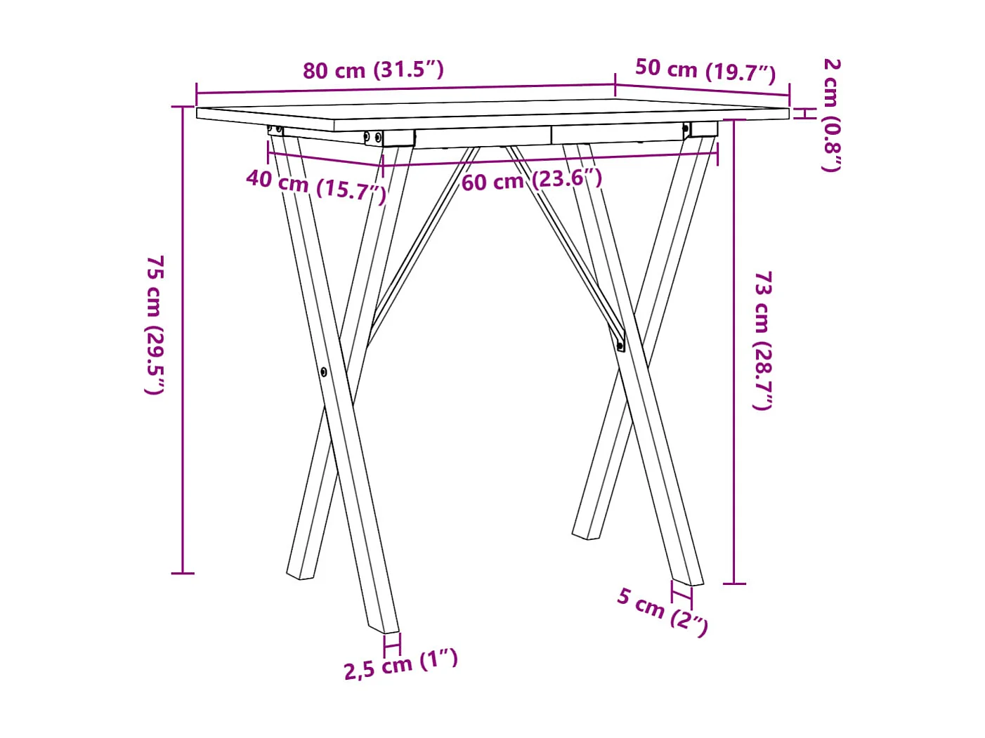Tavolo da Pranzo Telaio a X 80x50x75 cm Legno Pino e Acciaio