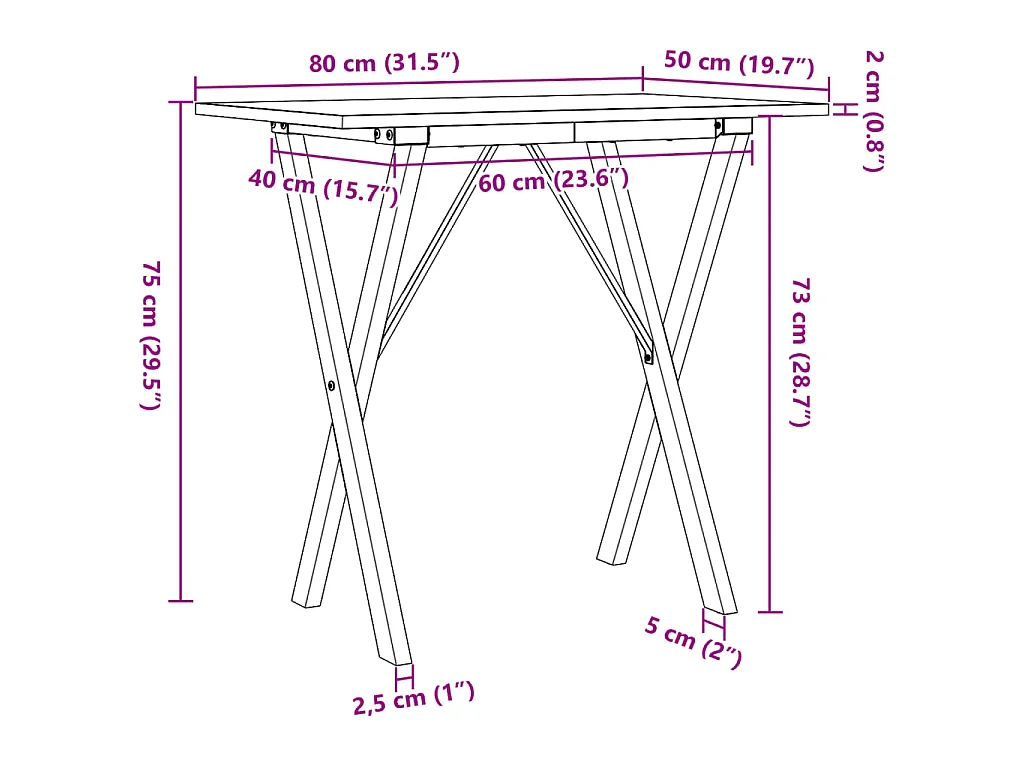 Table à manger cadre en X 80x50x75 cm bois de pin massif acier