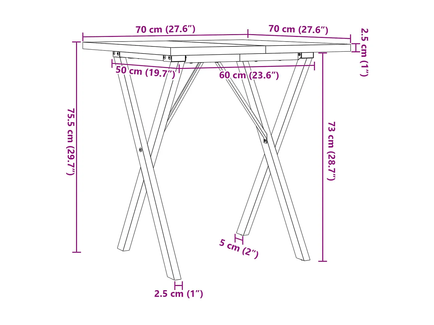 Table à manger cadre en X 70x70x75,5cm bois de pin massif acier