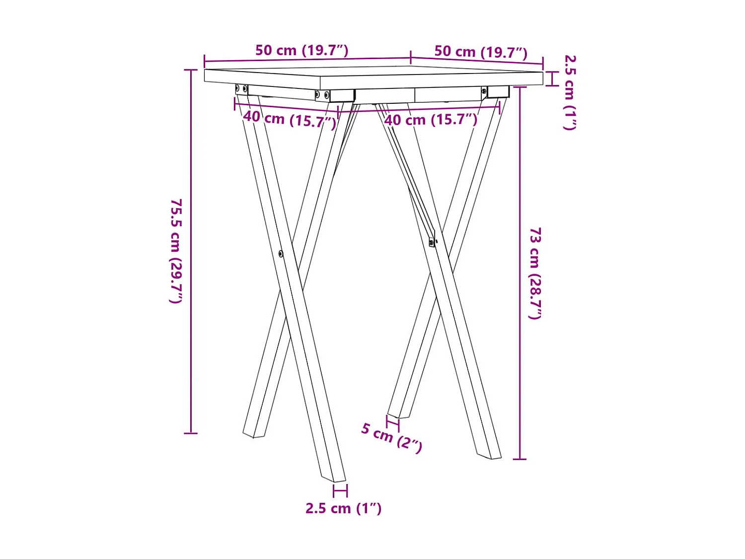 Table à manger cadre en X 50x50x75,5cm bois de pin massif acier