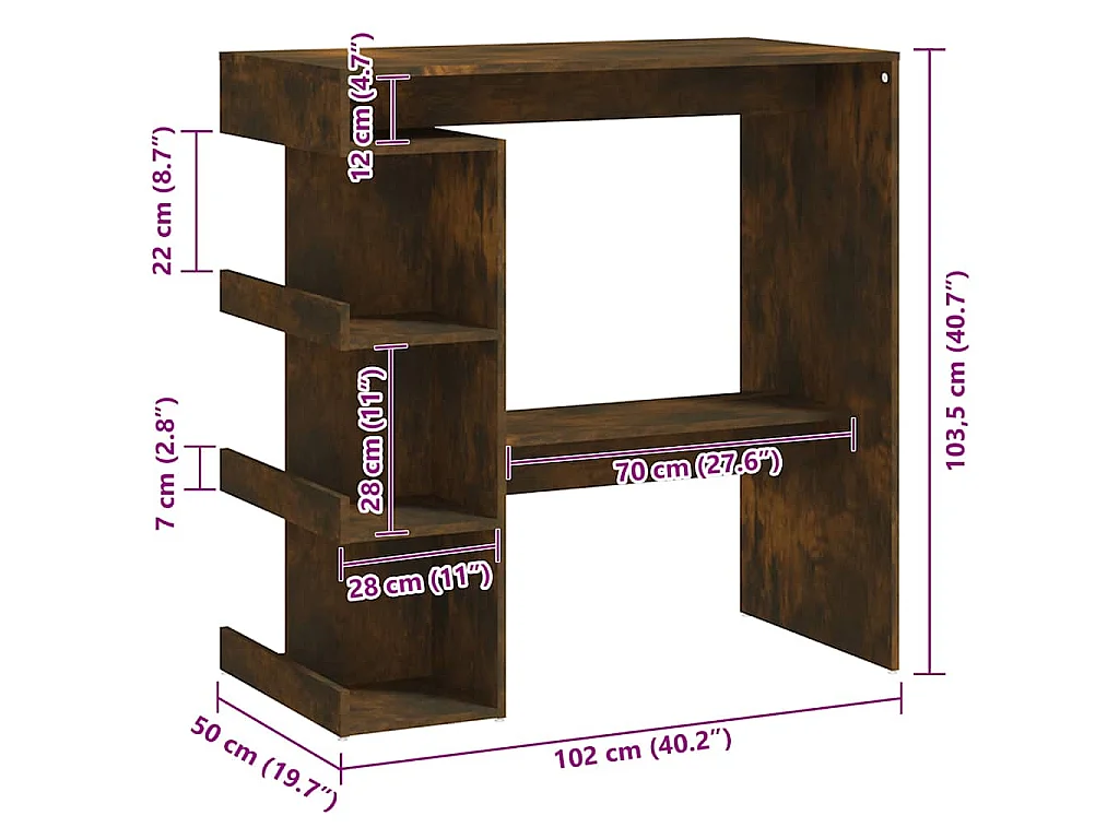 Mesa de bar c/ prateleiras derivados de madeira carvalho fumado